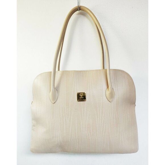 XL MCM MUNCHEN D8848 TEXTURED IVORY GENUINE LEATHER TOTE SHOULDER BAG HANDBAG - Picture 2 of 11